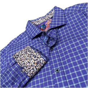 Robert Graham Purple Windowpane Plaid Shirt 2XL XXL Floral Flip Cuff Classic Fit